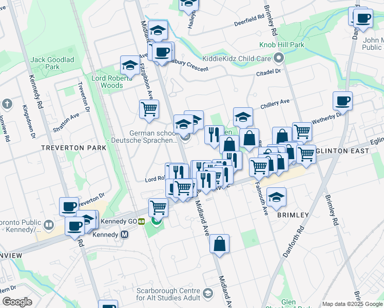 map of restaurants, bars, coffee shops, grocery stores, and more near 511-945 Midland Avenue in Toronto