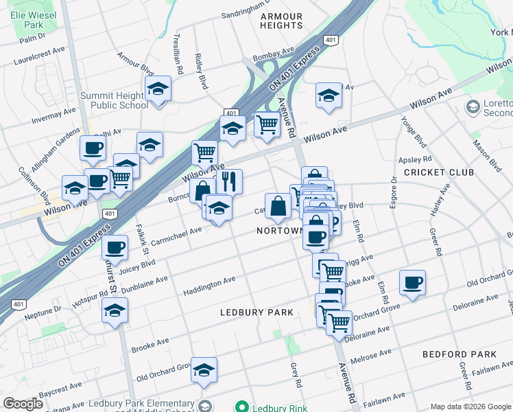 map of restaurants, bars, coffee shops, grocery stores, and more near 52 Carmichael Avenue in Toronto