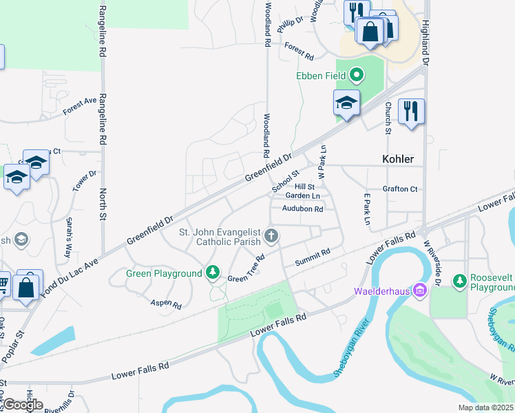 map of restaurants, bars, coffee shops, grocery stores, and more near 607 School St in Kohler