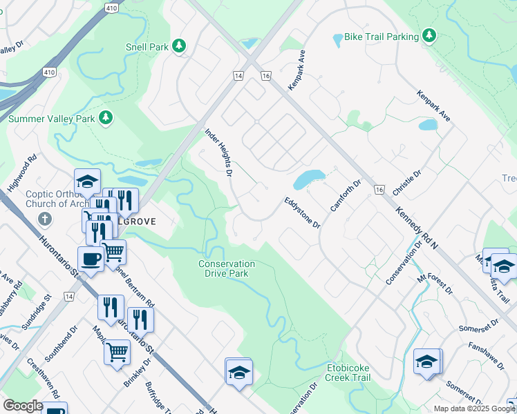 map of restaurants, bars, coffee shops, grocery stores, and more near 8 Enchanted Court in Brampton