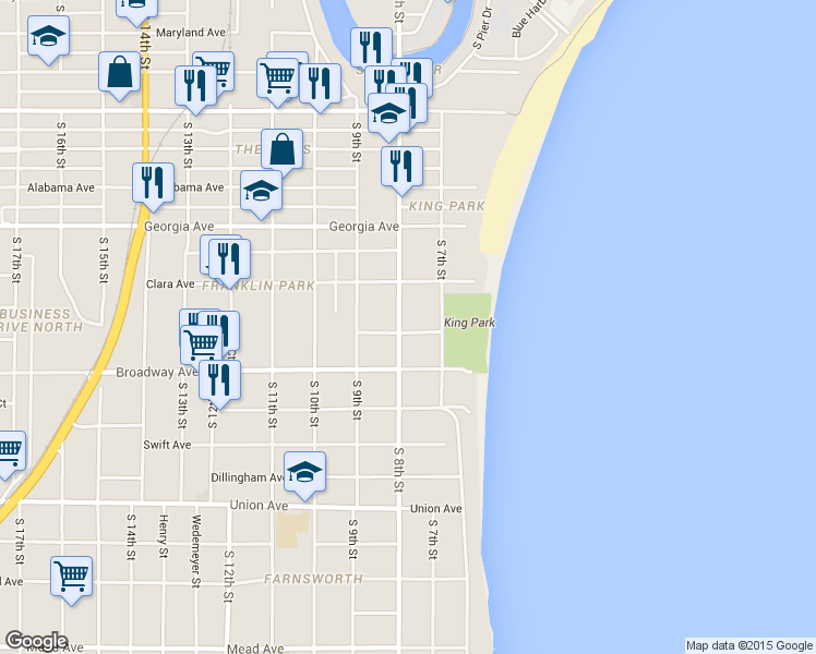 map of restaurants, bars, coffee shops, grocery stores, and more near 1543 South 8th Street in Sheboygan