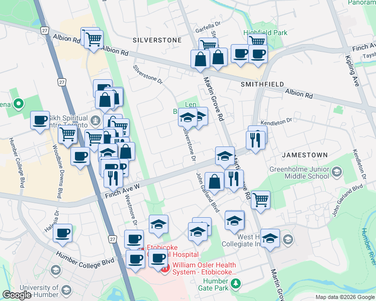 map of restaurants, bars, coffee shops, grocery stores, and more near 505 Silverstone Drive in Toronto