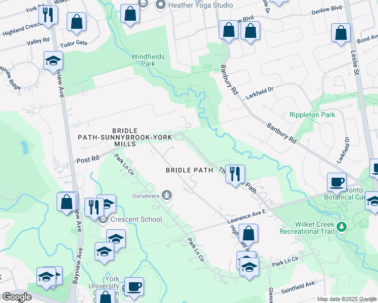 map of restaurants, bars, coffee shops, grocery stores, and more near 61 The Bridle Path in Toronto