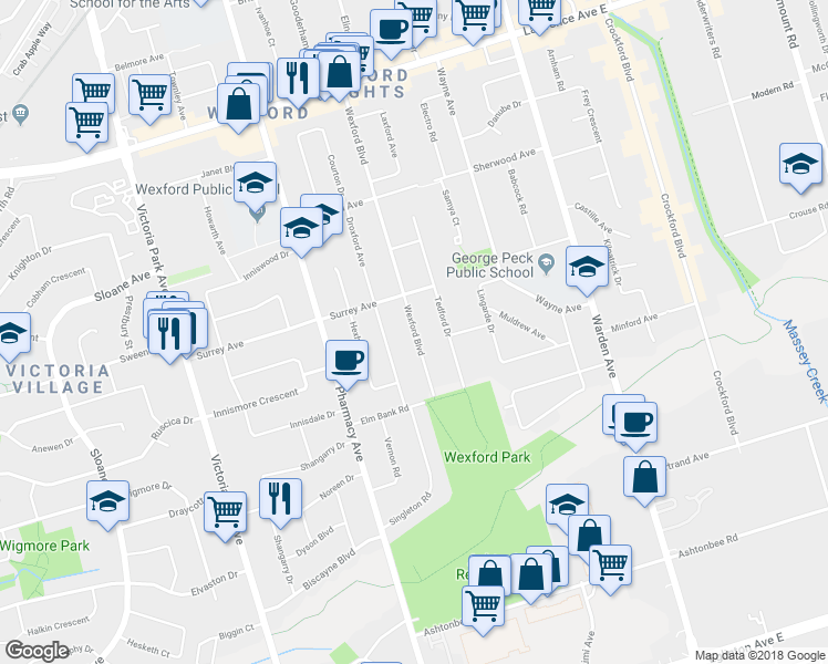 map of restaurants, bars, coffee shops, grocery stores, and more near 28 Wexford Boulevard in Toronto