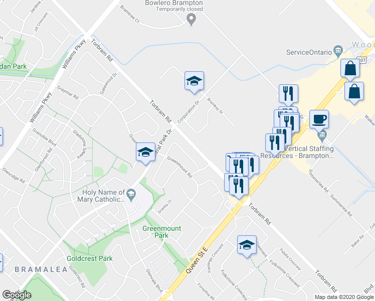 map of restaurants, bars, coffee shops, grocery stores, and more near 31 Greenwood Crescent in Brampton