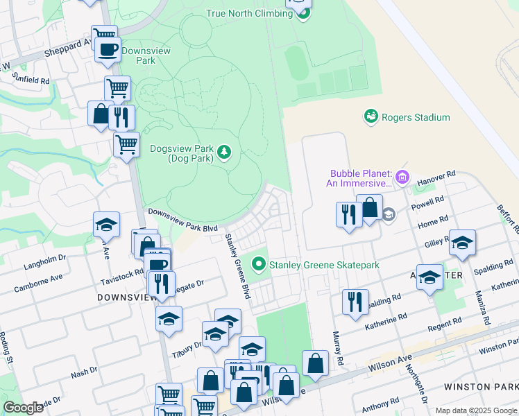 map of restaurants, bars, coffee shops, grocery stores, and more near 259 Downsview Park Boulevard in Toronto