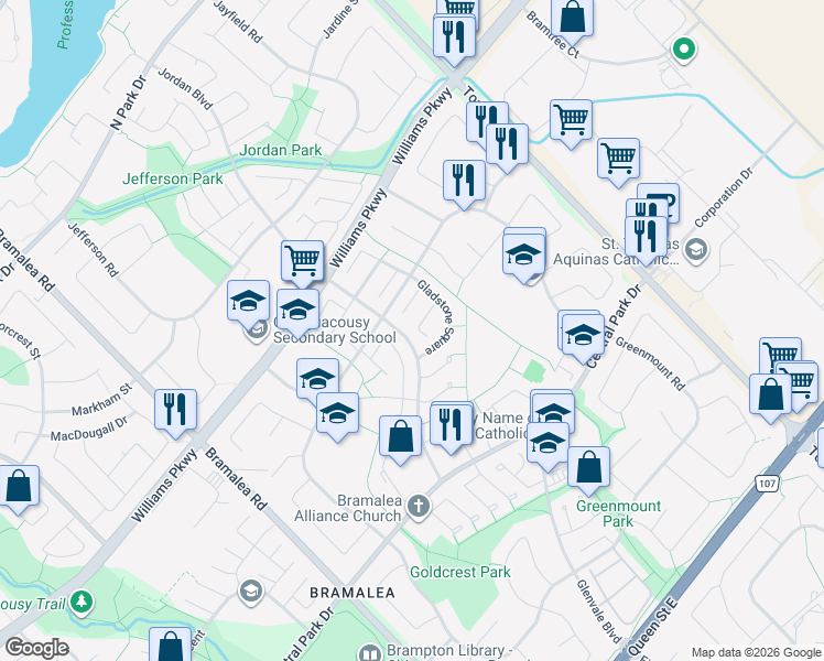 map of restaurants, bars, coffee shops, grocery stores, and more near in Brampton