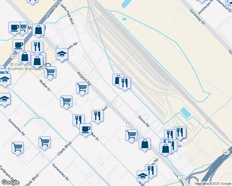 map of restaurants, bars, coffee shops, grocery stores, and more near 10 Delta Park Boulevard in Brampton