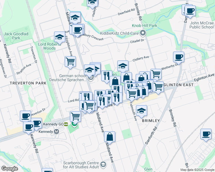 map of restaurants, bars, coffee shops, grocery stores, and more near 40 Gilder Drive in Toronto