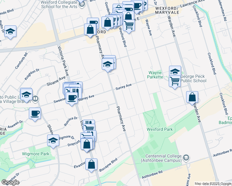 map of restaurants, bars, coffee shops, grocery stores, and more near in Toronto