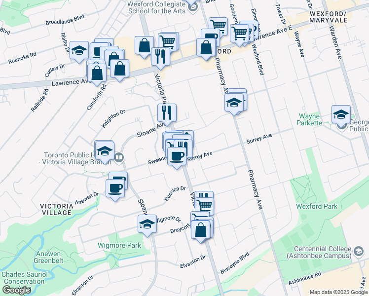 map of restaurants, bars, coffee shops, grocery stores, and more near 1731 Victoria Park Avenue in Toronto