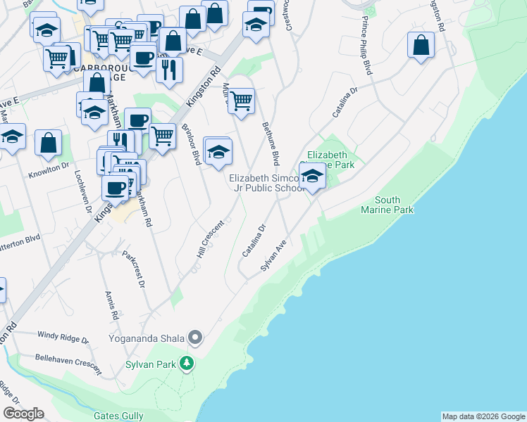 map of restaurants, bars, coffee shops, grocery stores, and more near 42 Catalina Drive in Toronto