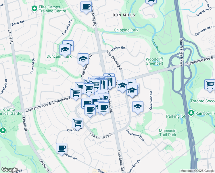 map of restaurants, bars, coffee shops, grocery stores, and more near Lawrence Ave E & Don Mills Rd in Toronto