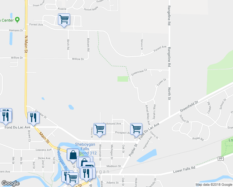 map of restaurants, bars, coffee shops, grocery stores, and more near 1 Alfred Miley Avenue in Sheboygan Falls