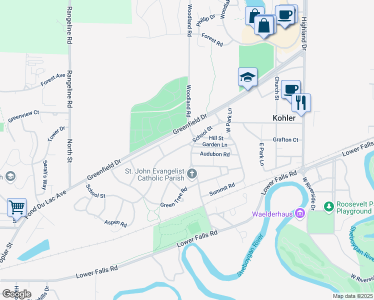 map of restaurants, bars, coffee shops, grocery stores, and more near 607 School Street in Kohler