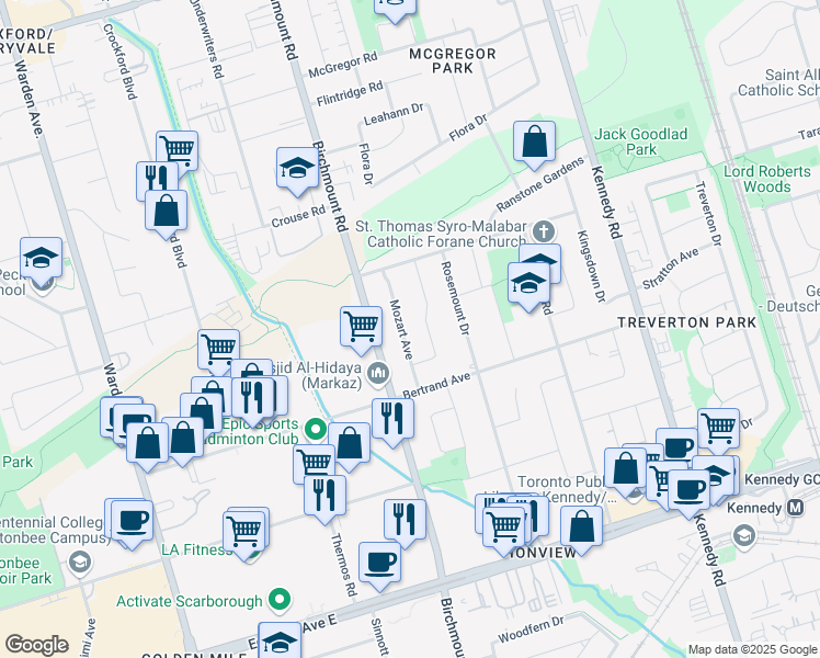 map of restaurants, bars, coffee shops, grocery stores, and more near in Toronto