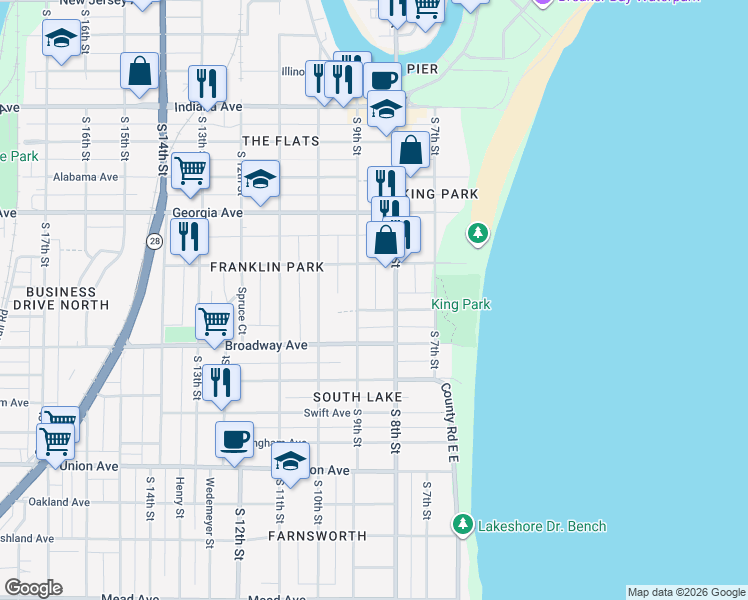 map of restaurants, bars, coffee shops, grocery stores, and more near 824 Spring Ave in Sheboygan