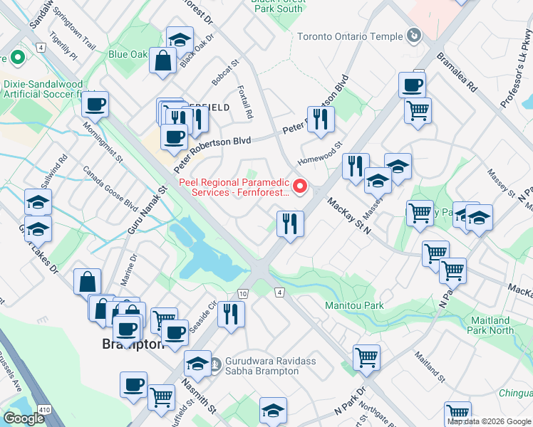 map of restaurants, bars, coffee shops, grocery stores, and more near Fern Valley Crescent in Brampton