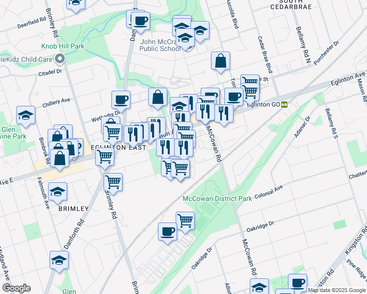 map of restaurants, bars, coffee shops, grocery stores, and more near 130 Barbados Boulevard in Toronto