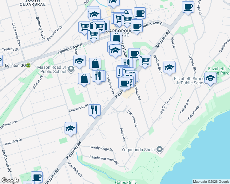 map of restaurants, bars, coffee shops, grocery stores, and more near 3420 Kingston Road in Toronto
