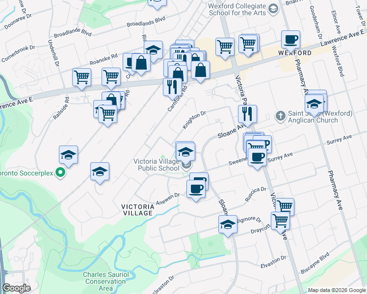map of restaurants, bars, coffee shops, grocery stores, and more near 112 Wyndcliff Crescent in Toronto