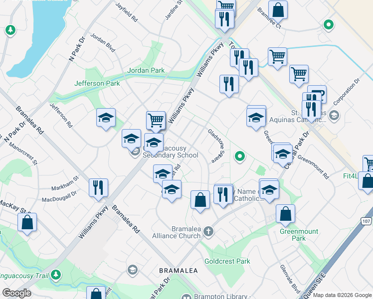 map of restaurants, bars, coffee shops, grocery stores, and more near 28 Grantbrook Court in Brampton