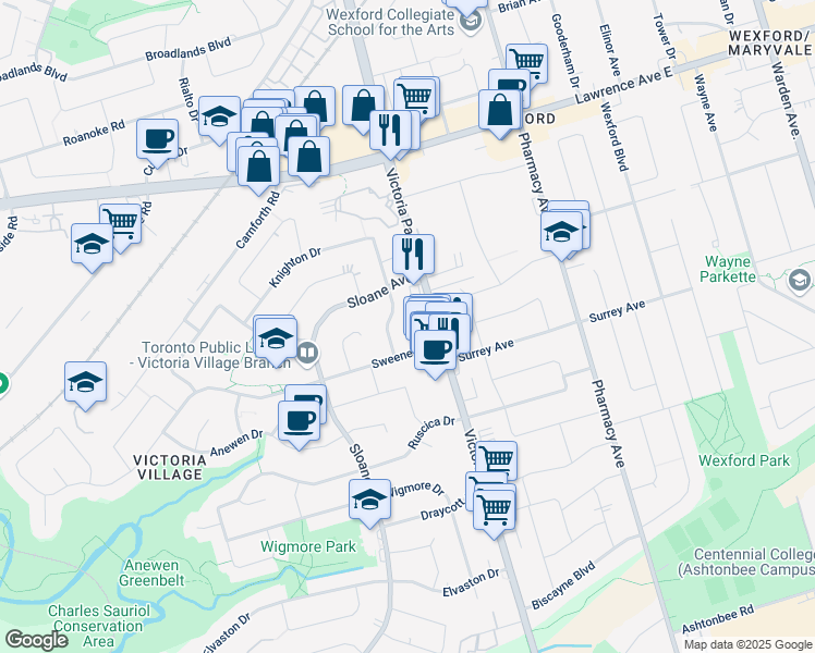 map of restaurants, bars, coffee shops, grocery stores, and more near 10 Mere Court in Toronto