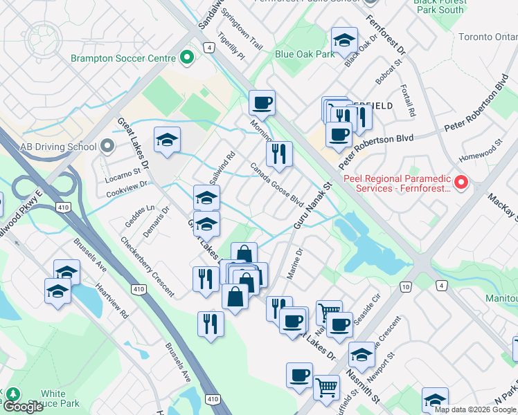 map of restaurants, bars, coffee shops, grocery stores, and more near 64 Dolphin Song Crescent in Brampton