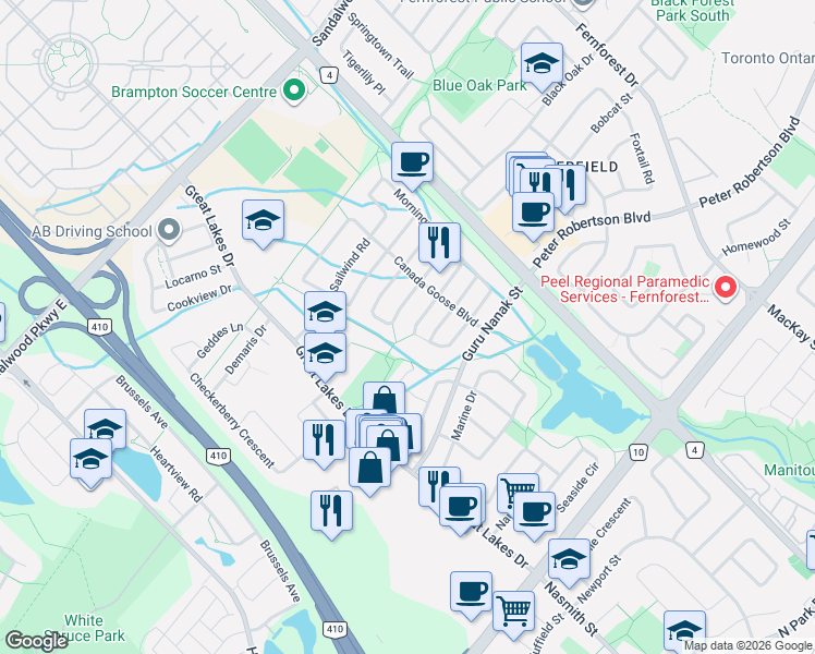 map of restaurants, bars, coffee shops, grocery stores, and more near 64 Dolphin Song Crescent in Brampton