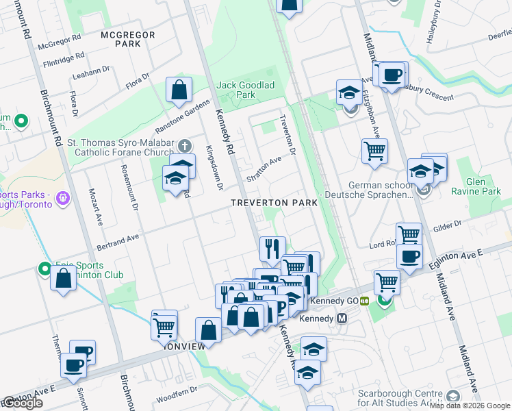 map of restaurants, bars, coffee shops, grocery stores, and more near 20A Oakworth Crescent in Toronto