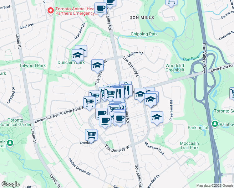 map of restaurants, bars, coffee shops, grocery stores, and more near 980 Lawrence Avenue East in Toronto