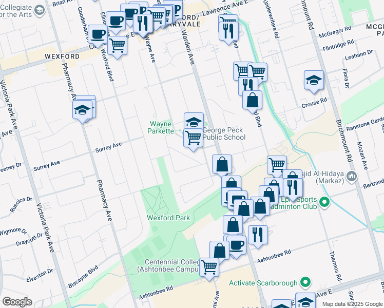 map of restaurants, bars, coffee shops, grocery stores, and more near in Toronto