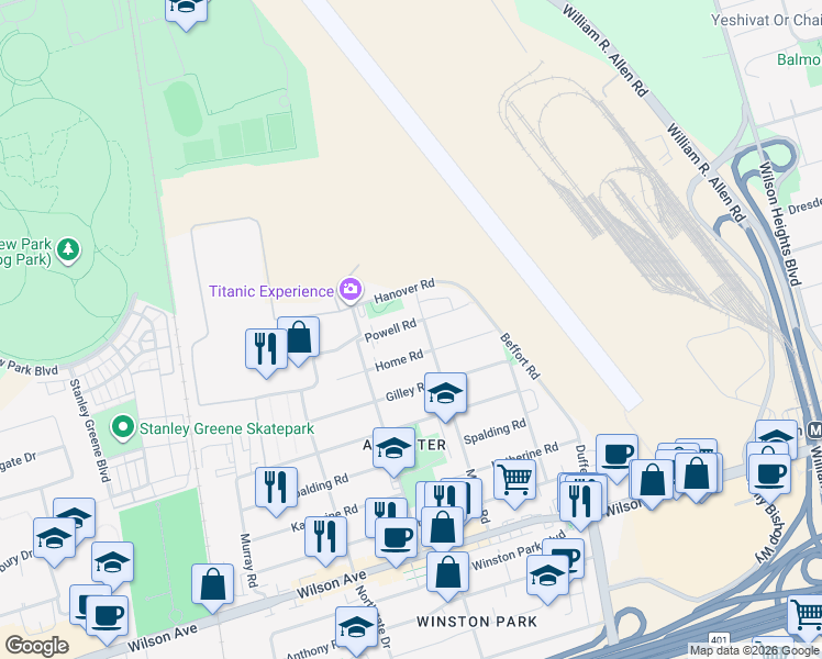 map of restaurants, bars, coffee shops, grocery stores, and more near in Toronto