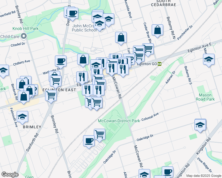 map of restaurants, bars, coffee shops, grocery stores, and more near 330 McCowan Road in Toronto