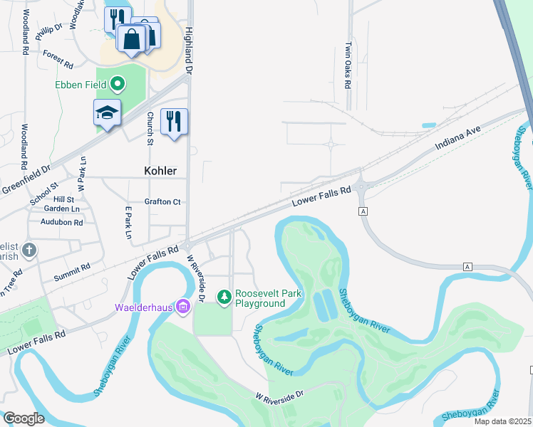 map of restaurants, bars, coffee shops, grocery stores, and more near Lower Falls Road in Kohler
