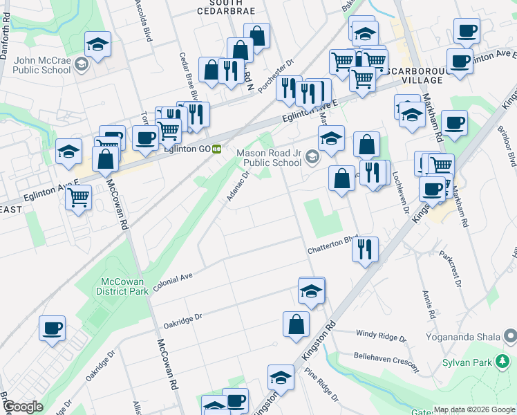 map of restaurants, bars, coffee shops, grocery stores, and more near 19 Granard Boulevard in Toronto