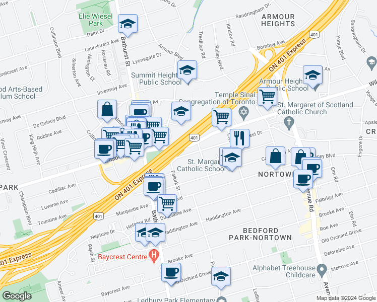 map of restaurants, bars, coffee shops, grocery stores, and more near 92 Burncrest Drive in Toronto