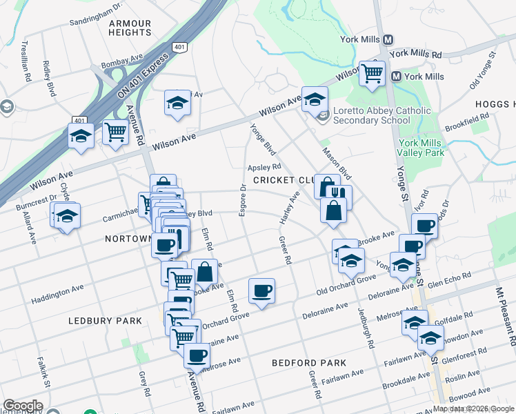 map of restaurants, bars, coffee shops, grocery stores, and more near 110 Joicey Boulevard in Toronto