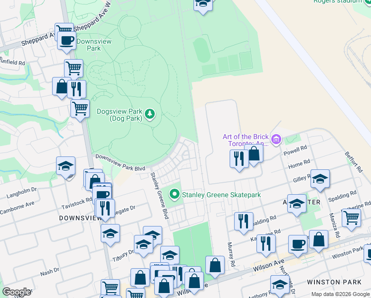 map of restaurants, bars, coffee shops, grocery stores, and more near 186 William Duncan Road in Toronto