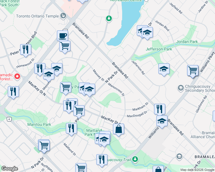 map of restaurants, bars, coffee shops, grocery stores, and more near 4 Manorcrest Street in Brampton