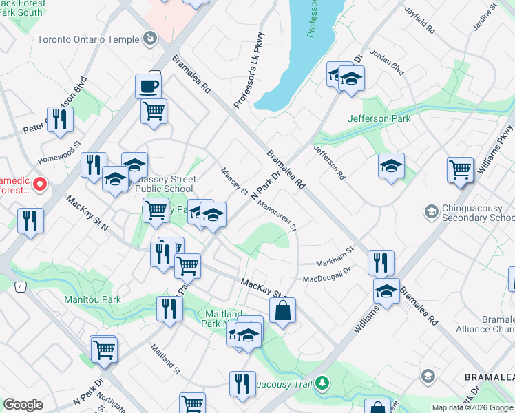 map of restaurants, bars, coffee shops, grocery stores, and more near 4 Marlow Place in Brampton