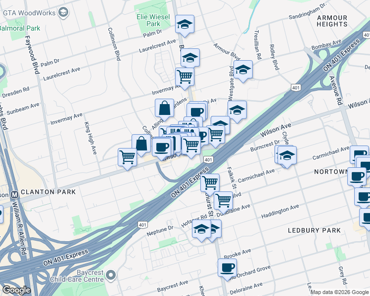 map of restaurants, bars, coffee shops, grocery stores, and more near in Toronto