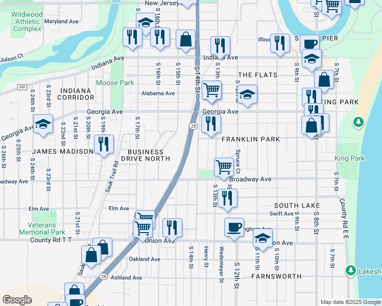 map of restaurants, bars, coffee shops, grocery stores, and more near 1610 South 14th Street in Sheboygan
