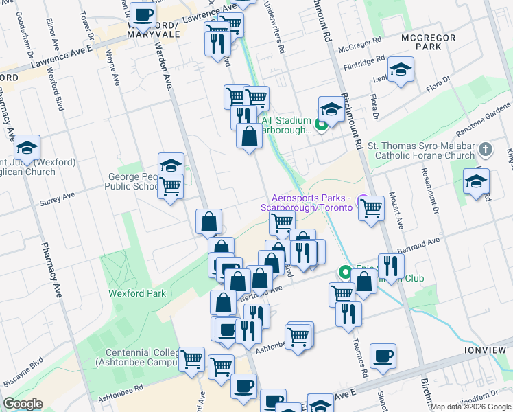 map of restaurants, bars, coffee shops, grocery stores, and more near in Toronto