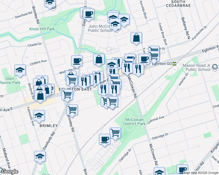 map of restaurants, bars, coffee shops, grocery stores, and more near 120 Barbados Boulevard in Toronto