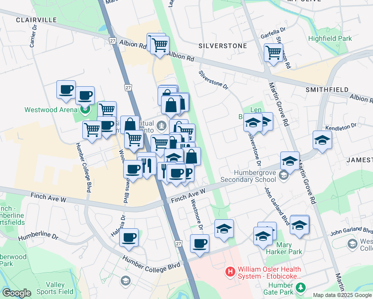 map of restaurants, bars, coffee shops, grocery stores, and more near 101 Westmore Drive in Toronto