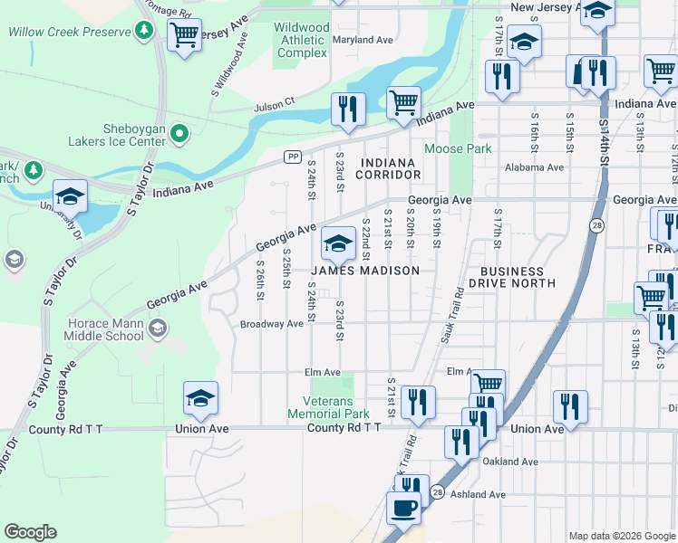 map of restaurants, bars, coffee shops, grocery stores, and more near 1615 South 23rd Street in Sheboygan