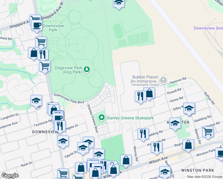 map of restaurants, bars, coffee shops, grocery stores, and more near in Toronto