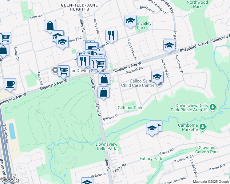 map of restaurants, bars, coffee shops, grocery stores, and more near 57 Coquette Road in Toronto