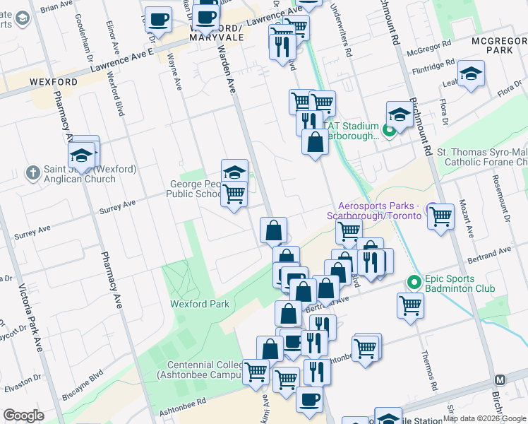 map of restaurants, bars, coffee shops, grocery stores, and more near 1014 Warden Avenue in Toronto